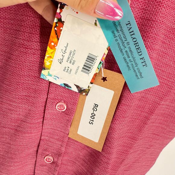 Robert Graham Woven Button Front Short Sleeve Shirt Porcaro Solid Red Pique M - Picture 8 of 9